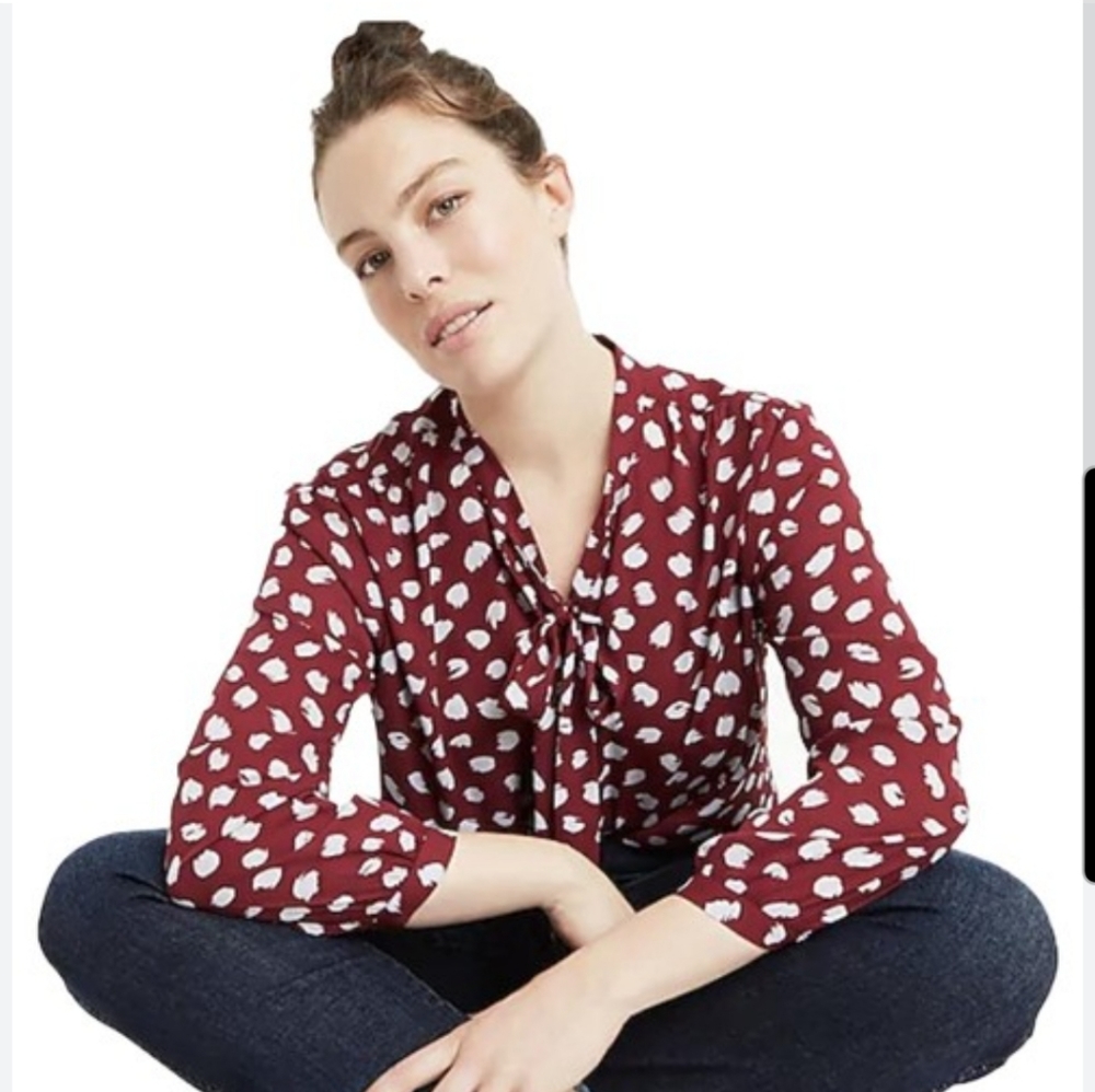 J. Crew | Tie-Neck Button-Up Shirt, Size Small, Brushstroke Print Maroon